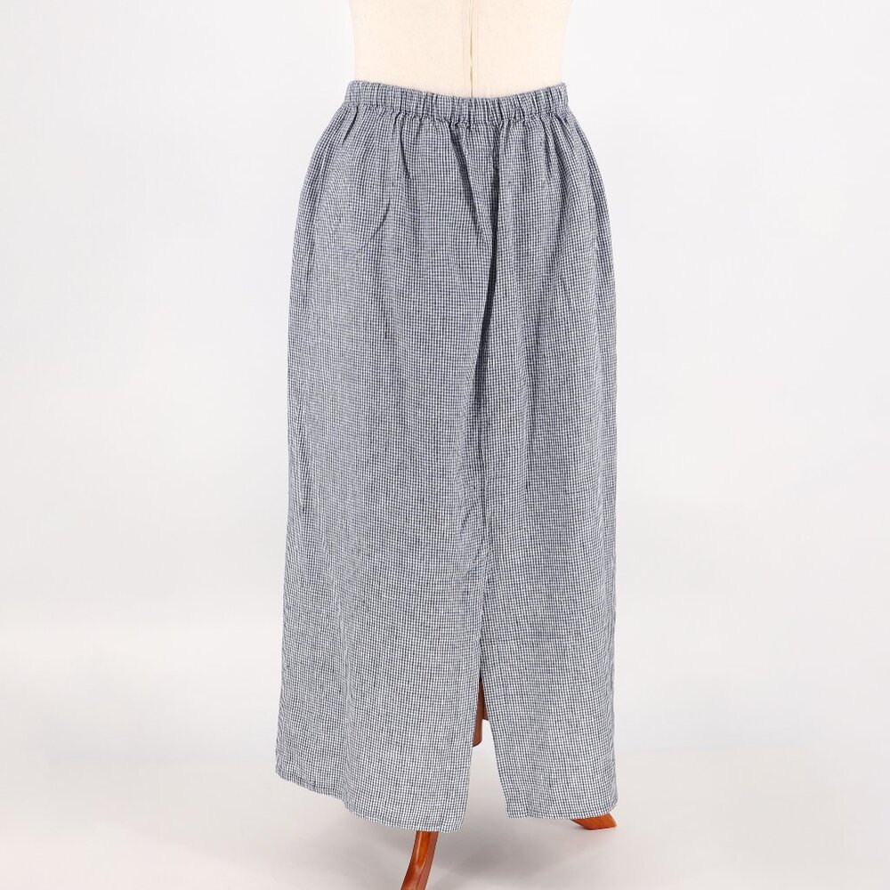FLAX 2 Piece 100% Linen Navy Gingham Button Up Top (M) & Pull-On Maxi Skirt (L) - Picture 6 of 8